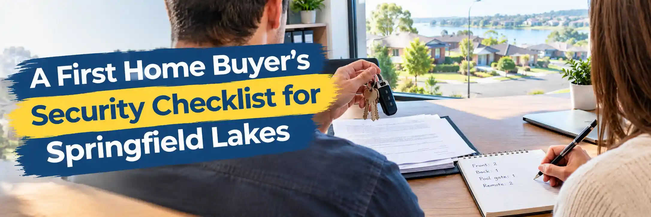 First home buyers reviewing property settlement documents, keys, garage remote, and a security checklist in a Springfield Lakes conveyancer's office.