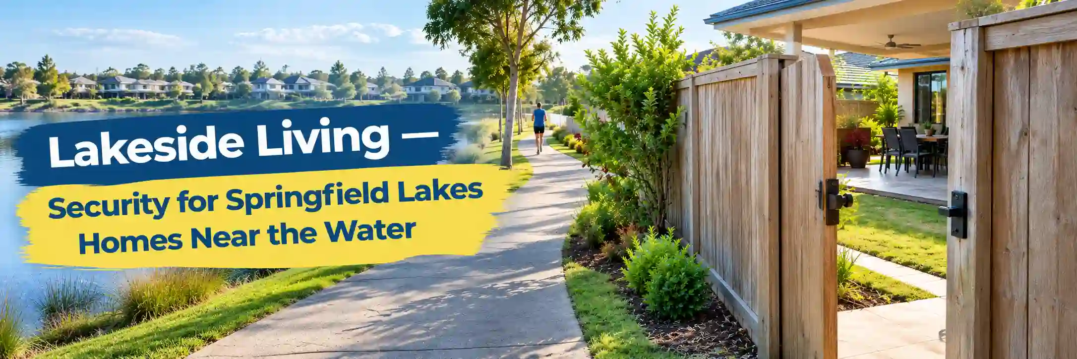 Lakeside walking path beside a residential backyard with a timber gate and alfresco patio, illustrating home security for Springfield Lakes properties near the water.