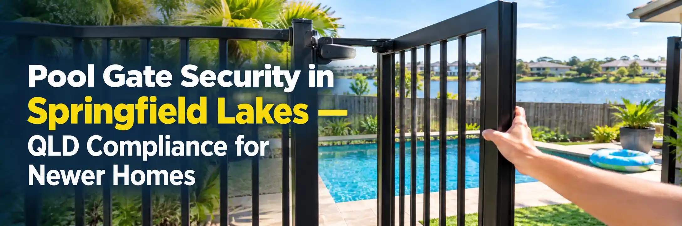 Pool gate security in Springfield Lakes QLD showing a black metal pool safety gate and latch at a modern residential swimming pool. Copy