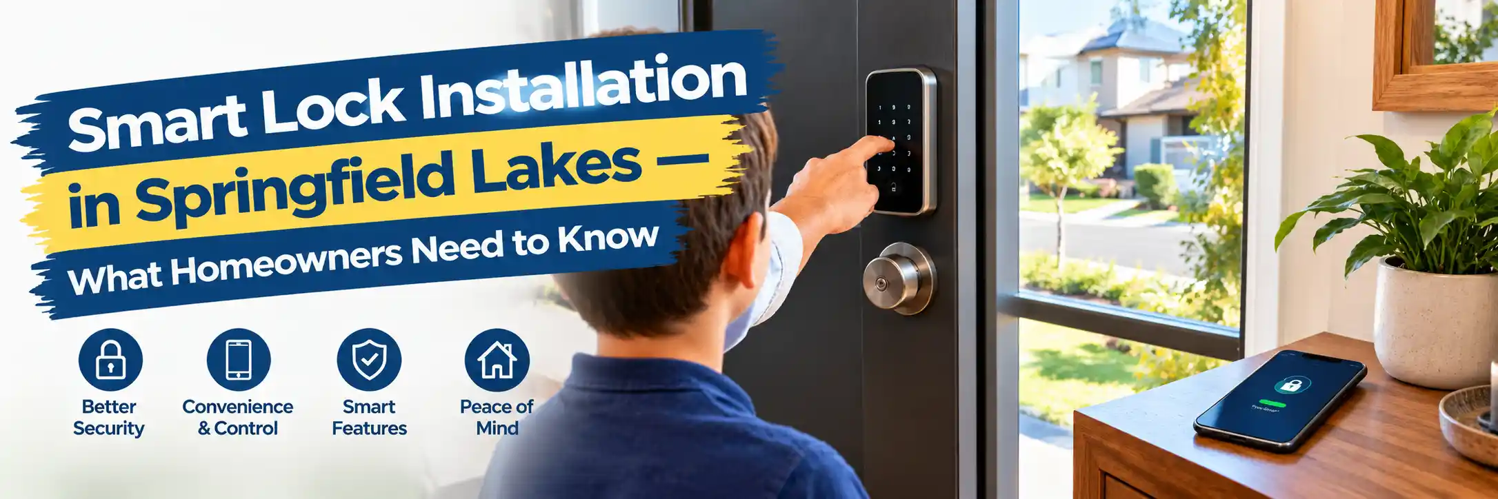 Adult entering a code on a smart keypad door lock while a child watches in a modern Springfield Lakes home, with a smartphone displaying a smart lock status app.