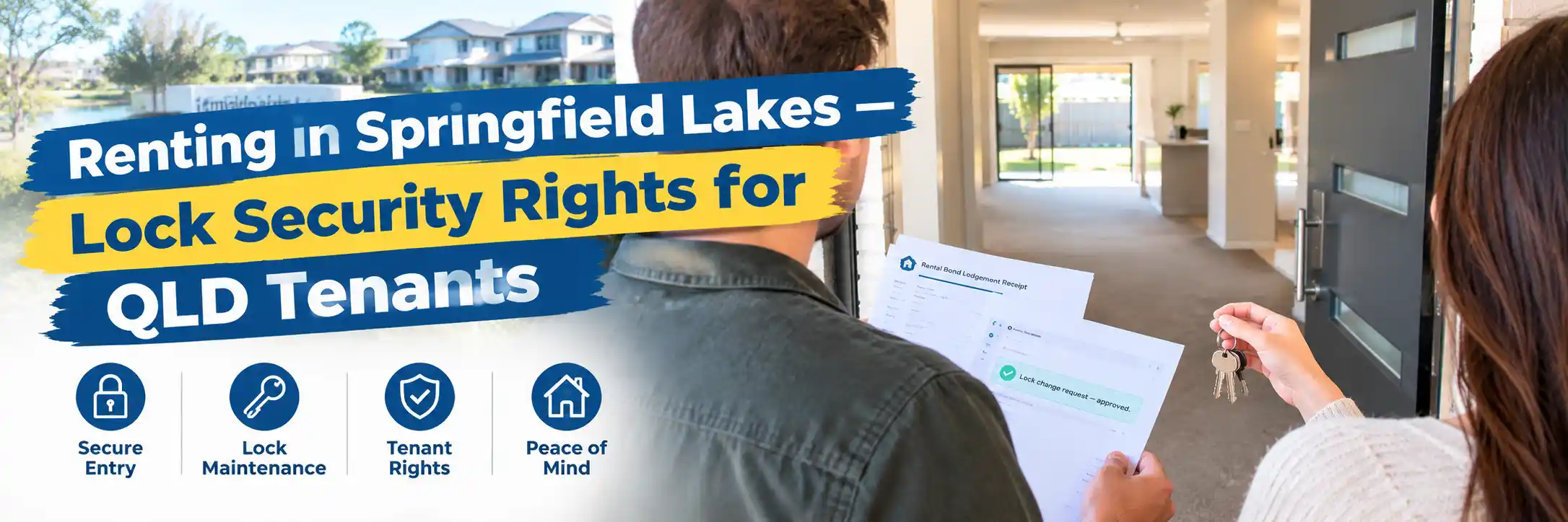 Couple moving into a modern Springfield Lakes rental property, holding house keys and paperwork showing an approved lock change request.